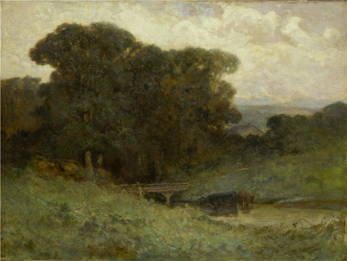 爱德华·米切尔·班尼斯特 (Edward Mitchell Bannister)-《有桥的森林场景》油画 美国