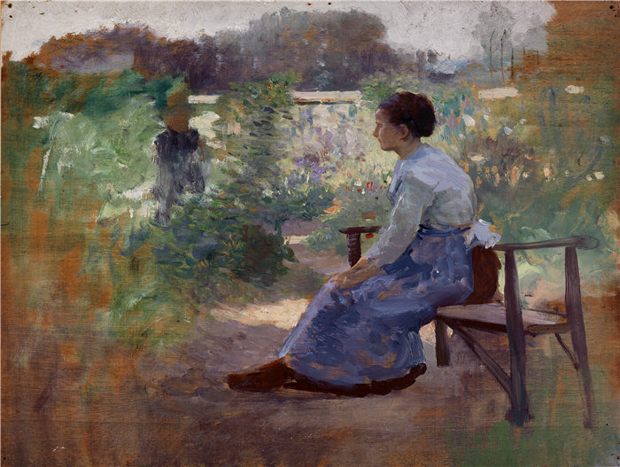 埃利法雷特·弗雷泽·安德鲁斯（Eliphalet Fraser Andrews）-《坐在花园里的女人》油画 美国