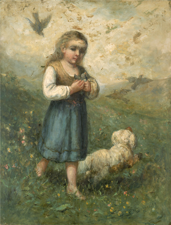 爱德华·米切尔·班尼斯特 (Edward Mitchell Bannister)-《有鸟和狗的孩子》油画 美国