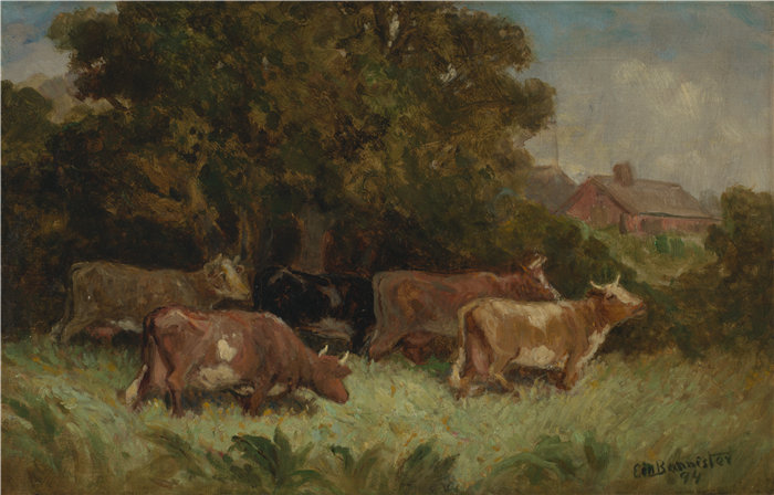 爱德华·米切尔·班尼斯特 (Edward Mitchell Bannister)-《牧场上的五头奶牛》油画 美国 (1)