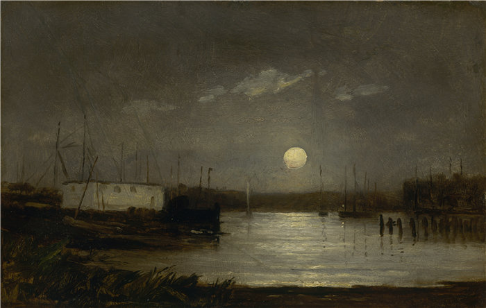爱德华·米切尔·班尼斯特 (Edward Mitchell Bannister)-《海港上的月亮》油画 美国