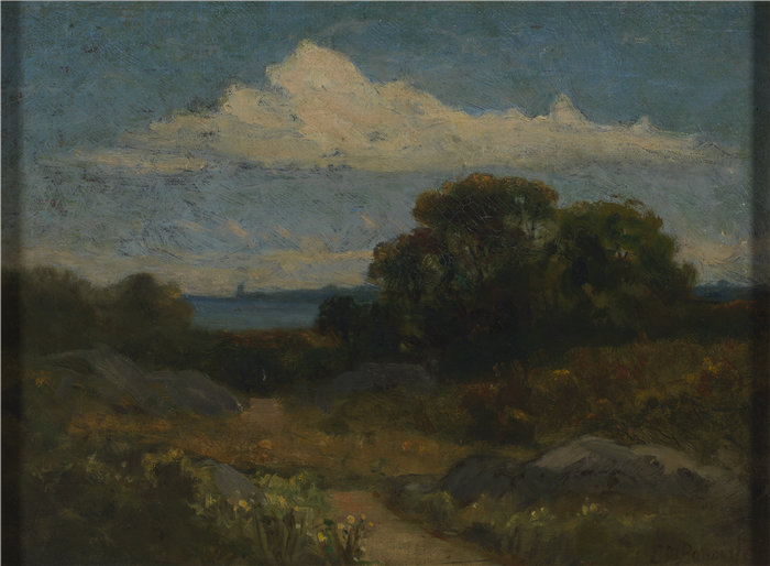 爱德华·米切尔·班尼斯特 (Edward Mitchell Bannister)-《湖边的树木和岩石》油画 美国