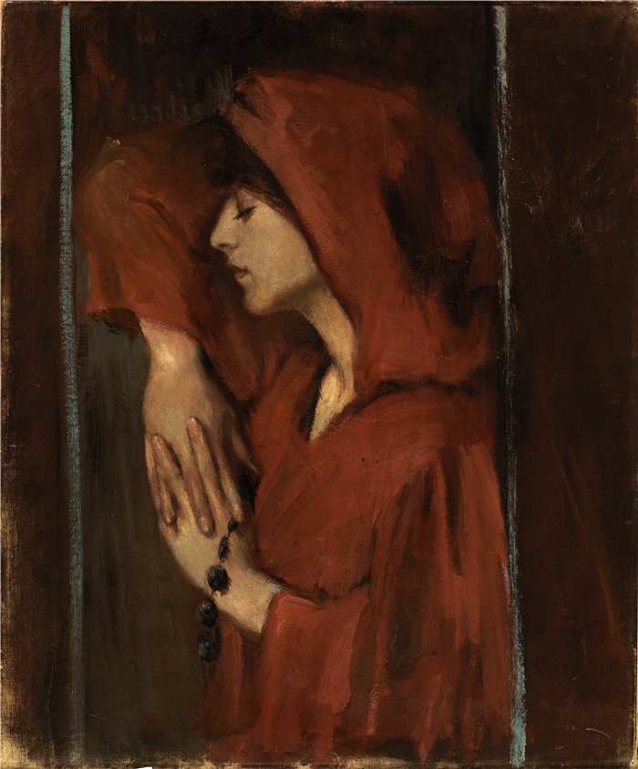 爱丽丝·派克·巴尼 (Alice Pike Barney)-《戴红头罩的女人》油画 美国