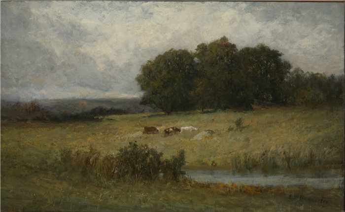 爱德华·米切尔·班尼斯特 (Edward Mitchell Bannister)-《小溪附近牛的亮景》油画 美国