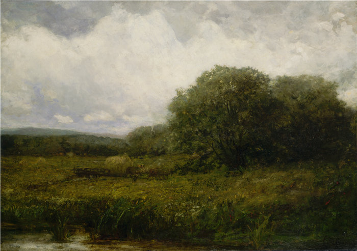 爱德华·米切尔·班尼斯特 (Edward Mitchell Bannister)-《有牛和干草车过桥的风景》油画 美国