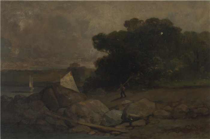爱德华·米切尔·班尼斯特 (Edward Mitchell Bannister)-《有岩石、人和帆船的风景》油画 美国