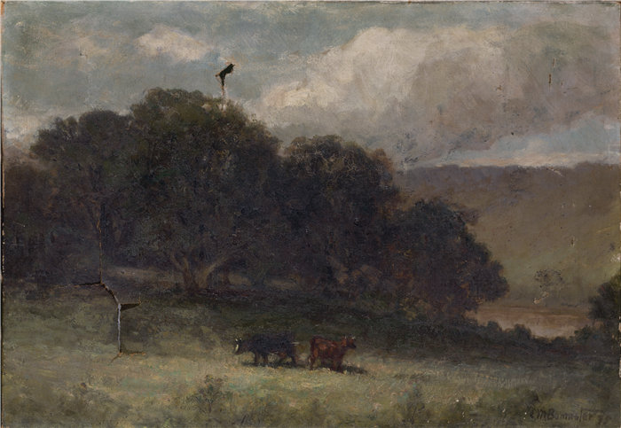 爱德华·米切尔·班尼斯特 (Edward Mitchell Bannister)-《树木和两只奶牛的风景》油画 美国