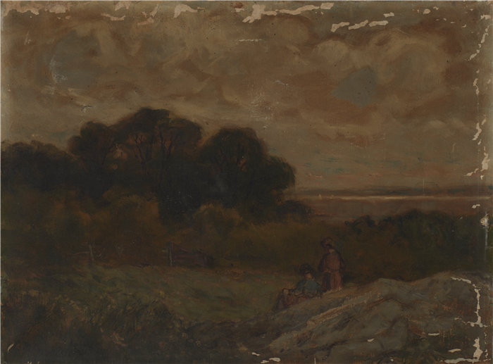 爱德华·米切尔·班尼斯特 (Edward Mitchell Bannister)-《两个女人斜靠在岩石上的风景》油画 美国