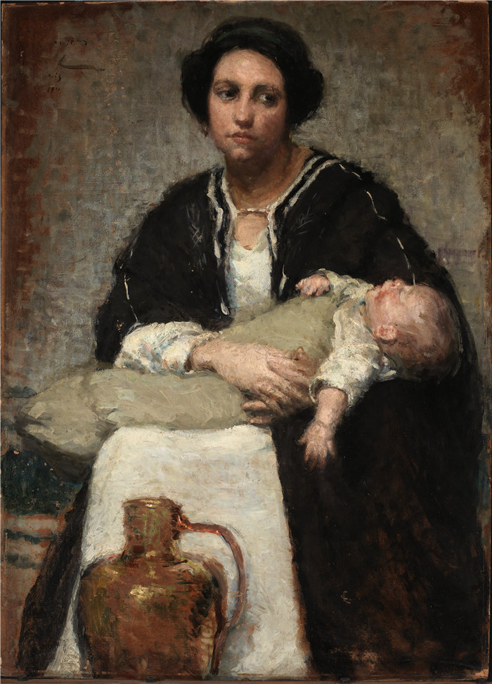 爱丽丝·派克·巴尼 (Alice Pike Barney)-《母亲和熟睡的婴儿》油画 美国