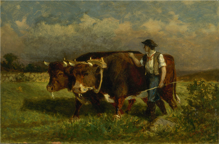 爱德华·米切尔·班尼斯特 (Edward Mitchell Bannister)-《有两只牛的男人》油画 美国