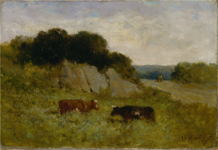爱德华·米切尔·班尼斯特 (Edward Mitchell Bannister)-《有两只奶牛的风景》油画 美国