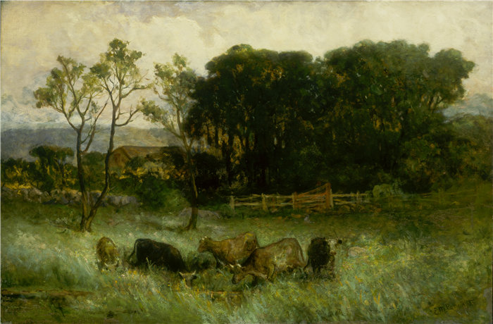 爱德华·米切尔·班尼斯特 (Edward Mitchell Bannister)-《牧场上的五头奶牛》油画 美国