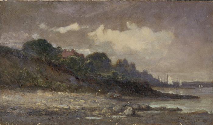 爱德华·米切尔·班尼斯特 (Edward Mitchell Bannister)-《有帆船和屋顶的海岸线》油画 美国
