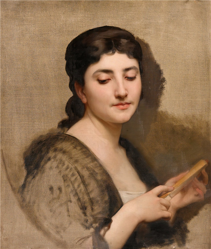 法国画家威廉·阿道夫·布格罗（William Adolphe Bouguereau)油画-一个拿着扇子的年轻女人