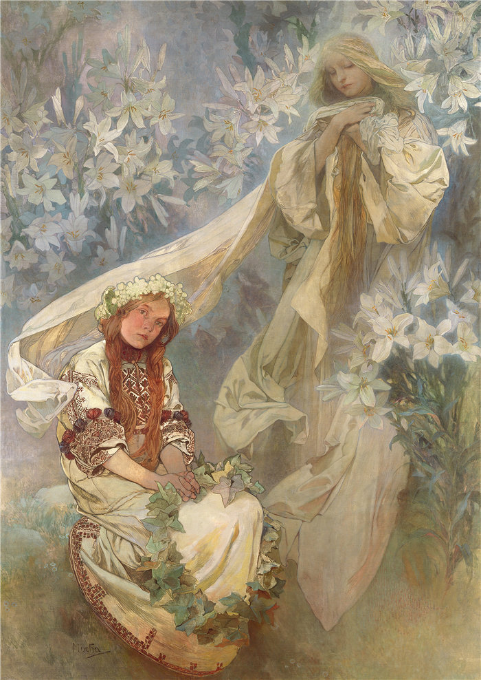 法国画家威廉·阿道夫·布格罗（William Adolphe Bouguereau)油画-阿尔丰斯·穆夏（Alphonse Mucha，捷克，1860-1939）-百合圣母 (1905)作品
