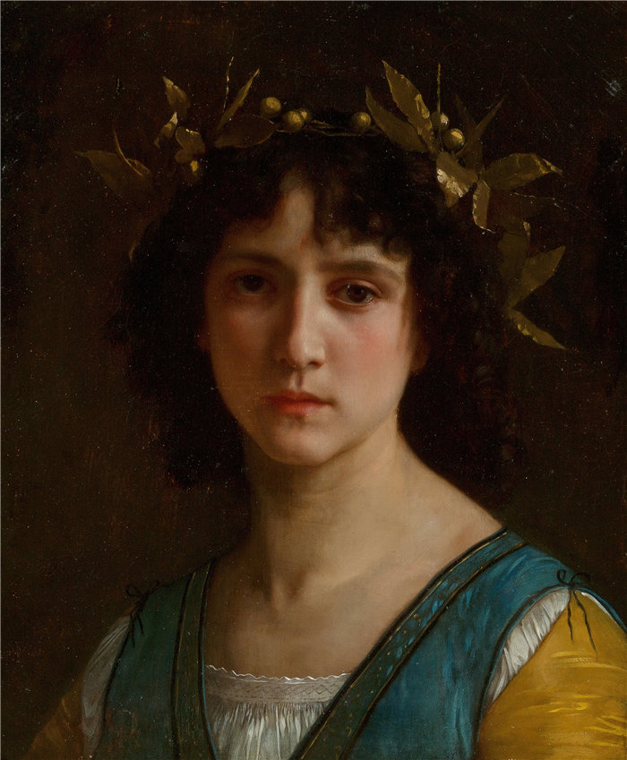法国画家威廉·阿道夫·布格罗（William Adolphe Bouguereau)油画-（戴月桂花环的意大利女孩的头颅）（1872 年）