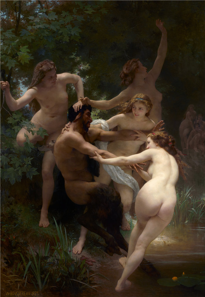 法国画家威廉·阿道夫·布格罗(William Adolphe Bouguereau)-宁芙与色狼 (1873)油画