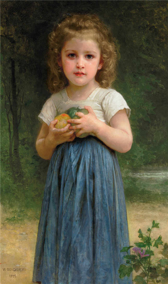 法国画家威廉·阿道夫·布格罗（William Adolphe Bouguereau)油画-Petite fille tenant des pommes dans les mains (1895)