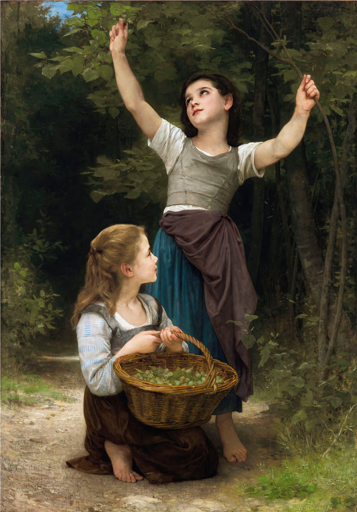 法国画家威廉·阿道夫·布格罗(William Adolphe Bouguereau)-Récolte de Noisettes (1883)油画