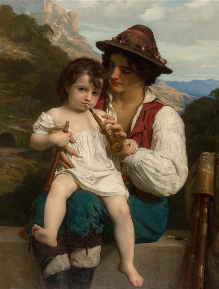 法国画家威廉·阿道夫·布格罗(William Adolphe Bouguereau)油画-La leçon de flûte (1868)