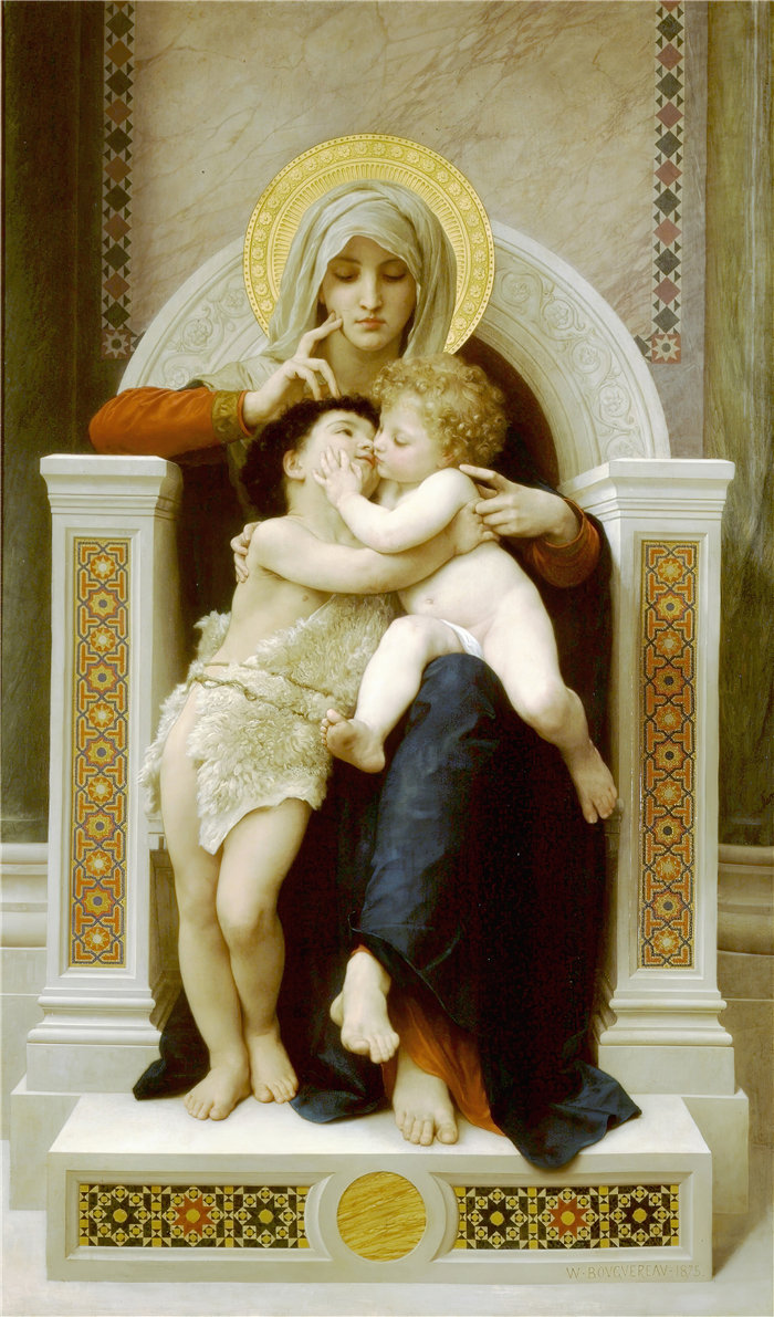 法国画家威廉·阿道夫·布格罗(William Adolphe Bouguereau)-麦当娜与孩子和施洗约翰 (1875)油画