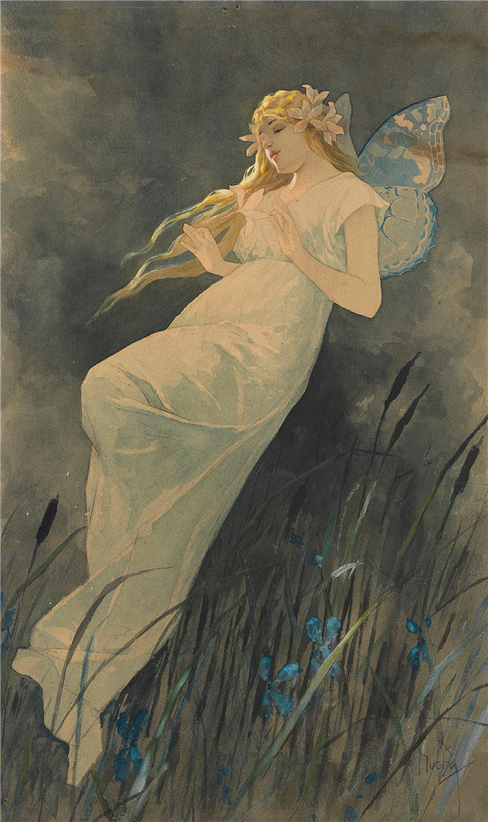 法国画家威廉·阿道夫·布格罗（William Adolphe Bouguereau)油画-阿尔丰斯·穆夏（Alphonse Mucha，捷克，1860-1939）-Elfe mit Irisblüte