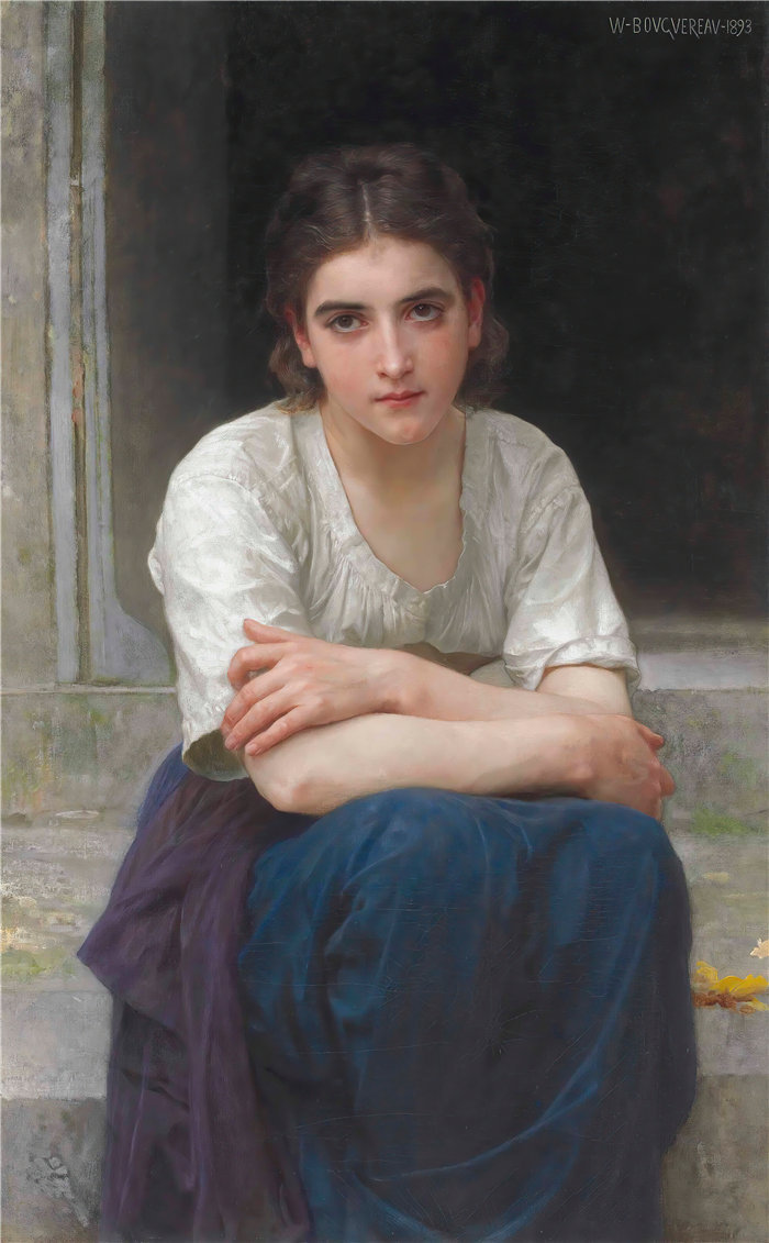 法国画家威廉·阿道夫·布格罗（William Adolphe Bouguereau)油画-Rêverie sur le seuil (1893)