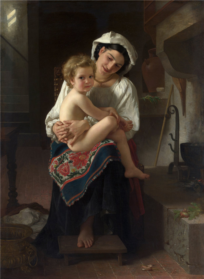 法国画家威廉·阿道夫·布格罗（William Adolphe Bouguereau)-年轻的母亲凝视她的孩子 (1871)油画