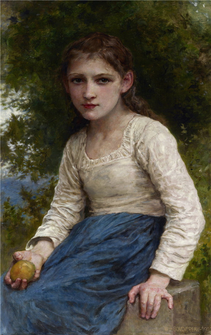 法国画家威廉·阿道夫·布格罗（William Adolphe Bouguereau)-拿着苹果的女孩 (1905)油画