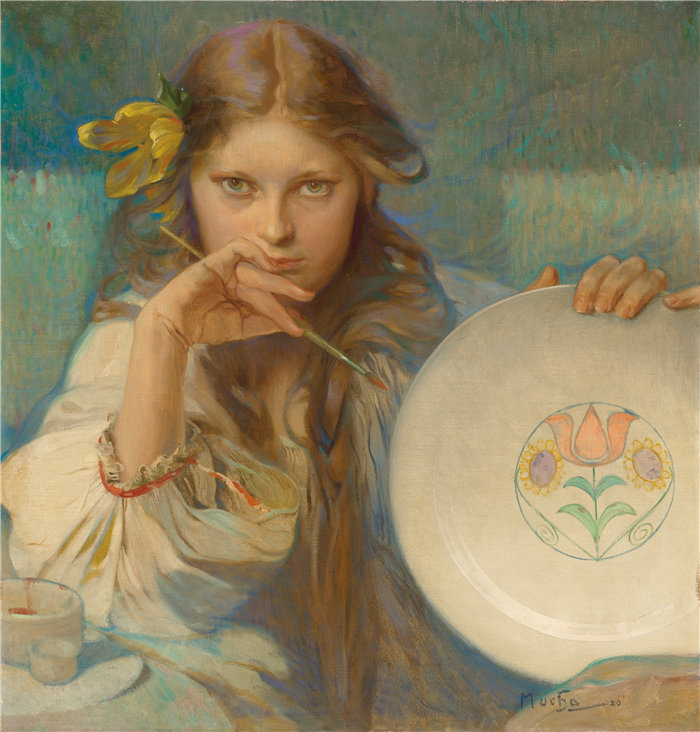 阿尔丰斯·穆夏(Alphonse Mucha,捷克,1860-1939)-拿着带有民间图案的盘子的女孩 (1920)