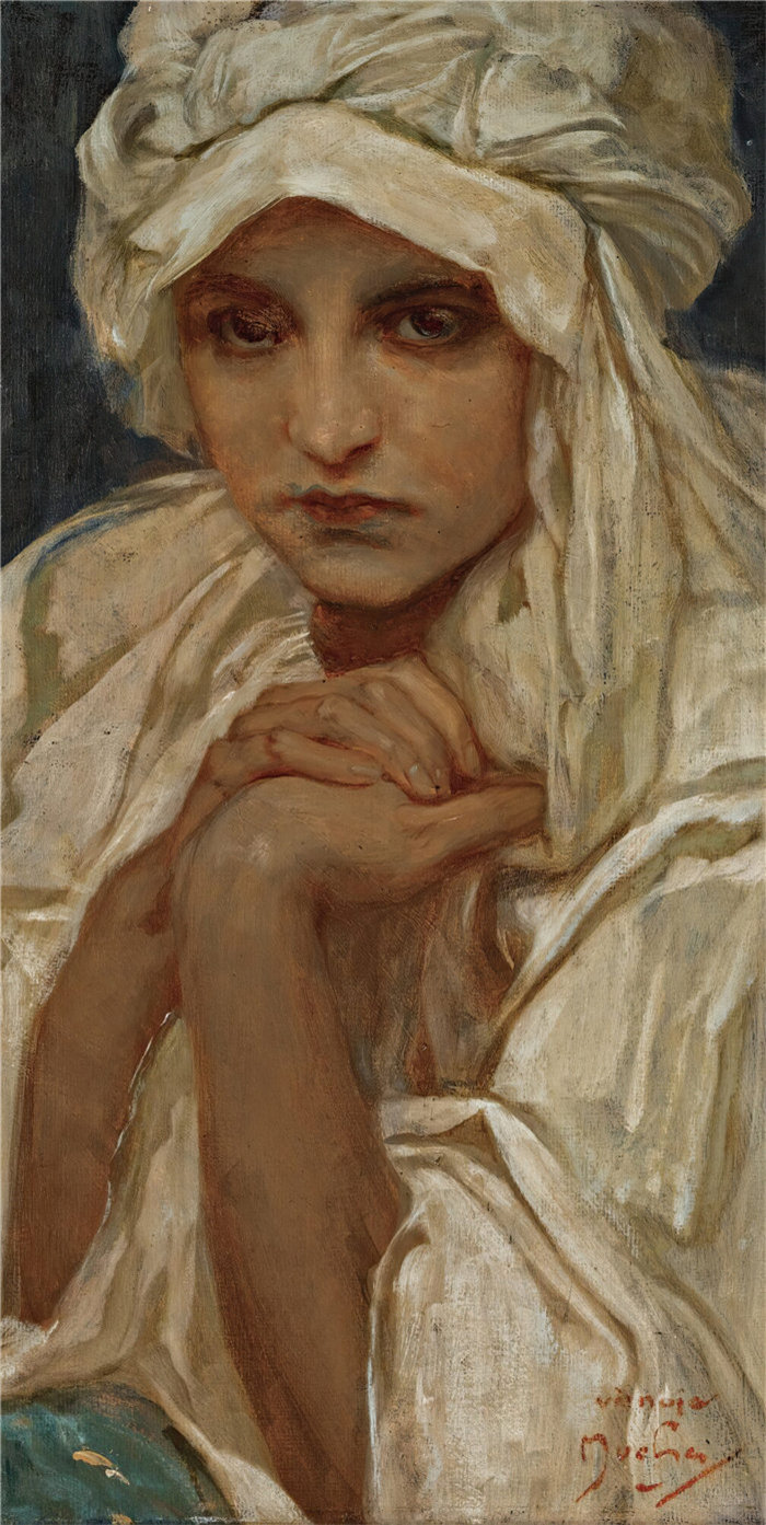 法国画家威廉·阿道夫·布格罗（William Adolphe Bouguereau)油画-阿尔丰斯·穆夏（Alphonse Mucha，捷克，1860-1939）-一个女孩的肖像