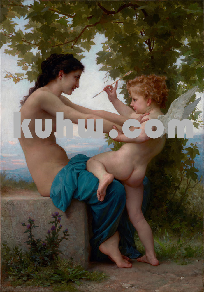 法国画家威廉·阿道夫·布格罗（William Adolphe Bouguereau)-一个年轻的女孩为自己抵御爱神（约 1880 年）油画