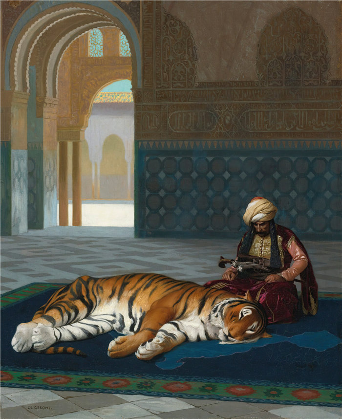 让·莱昂·杰罗姆(Jean-Léon Gérôme,法国) 油画-Le Tigre Et Le Gardien