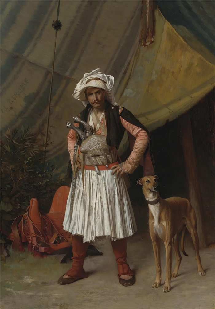 让·莱昂·杰罗姆 (Jean-Léon Gérôme，法国) 油画-Bashi-Bazouk 和他的狗