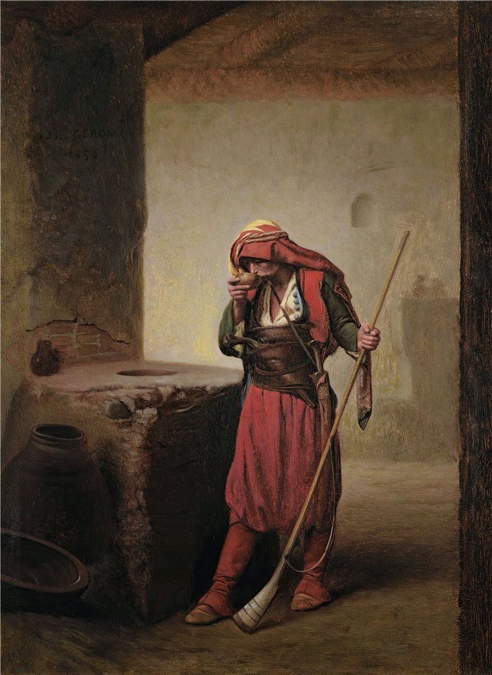 让·莱昂·杰罗姆 (Jean-Léon Gérôme，法国) 油画-阿尔诺饮酒 (1856)