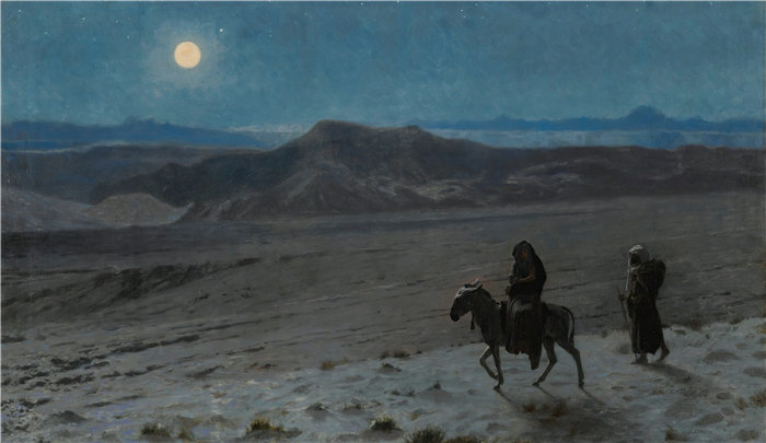 让·莱昂·杰罗姆 (Jean-Léon Gérôme，法国) 油画-La Fuite En Égypte (Nuit)