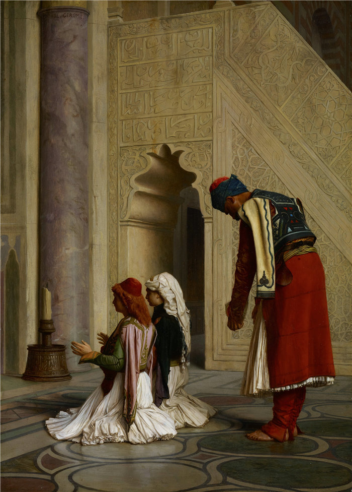 让·莱昂·杰罗姆(Jean-Léon Gérôme,法国) 油画-清真寺里的年轻希腊人 (1865)