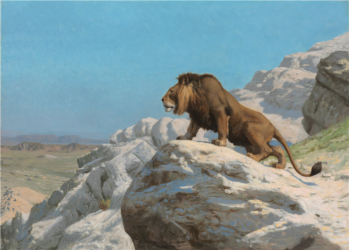 让·莱昂·杰罗姆(Jean-Léon Gérôme,法国) 油画-守望的狮子(约 1885 年)