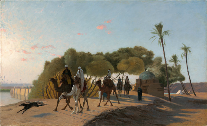 让·莱昂·杰罗姆(Jean-Léon Gérôme,法国) 油画-离开绿洲(1880 年代)