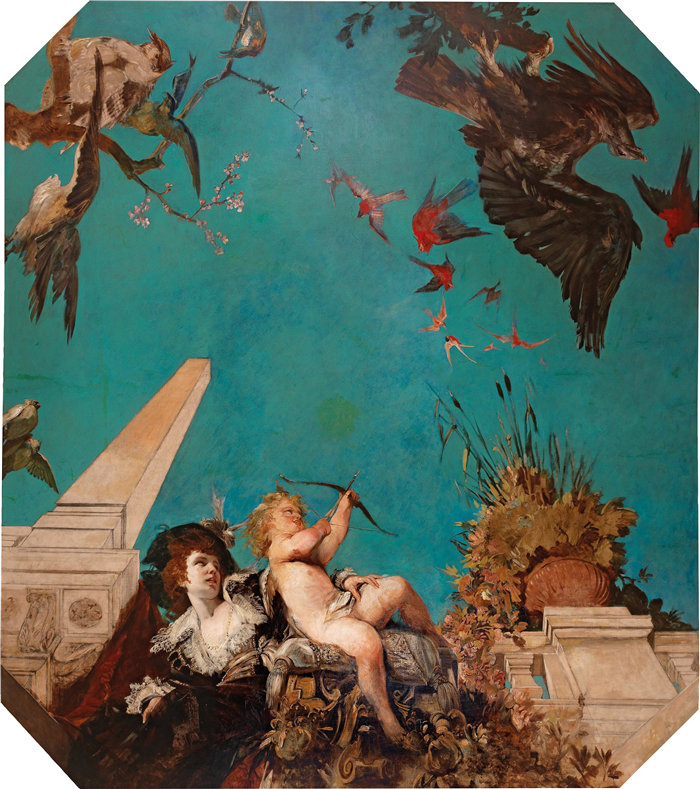 汉斯·马卡特 (Hans Makart,奥地利画家)-天花板画,在花园景观中带着丘比特的社会女士(C. 1877)
