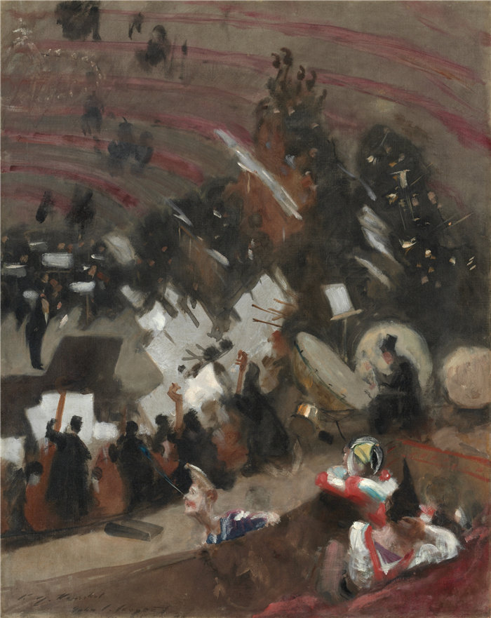 约翰·辛格·萨金特 (John Singer Sargent，美国画家)作品-Pasdeloup 管弦乐队在 Cirque d'Hiver 的排练（约 1879 年）