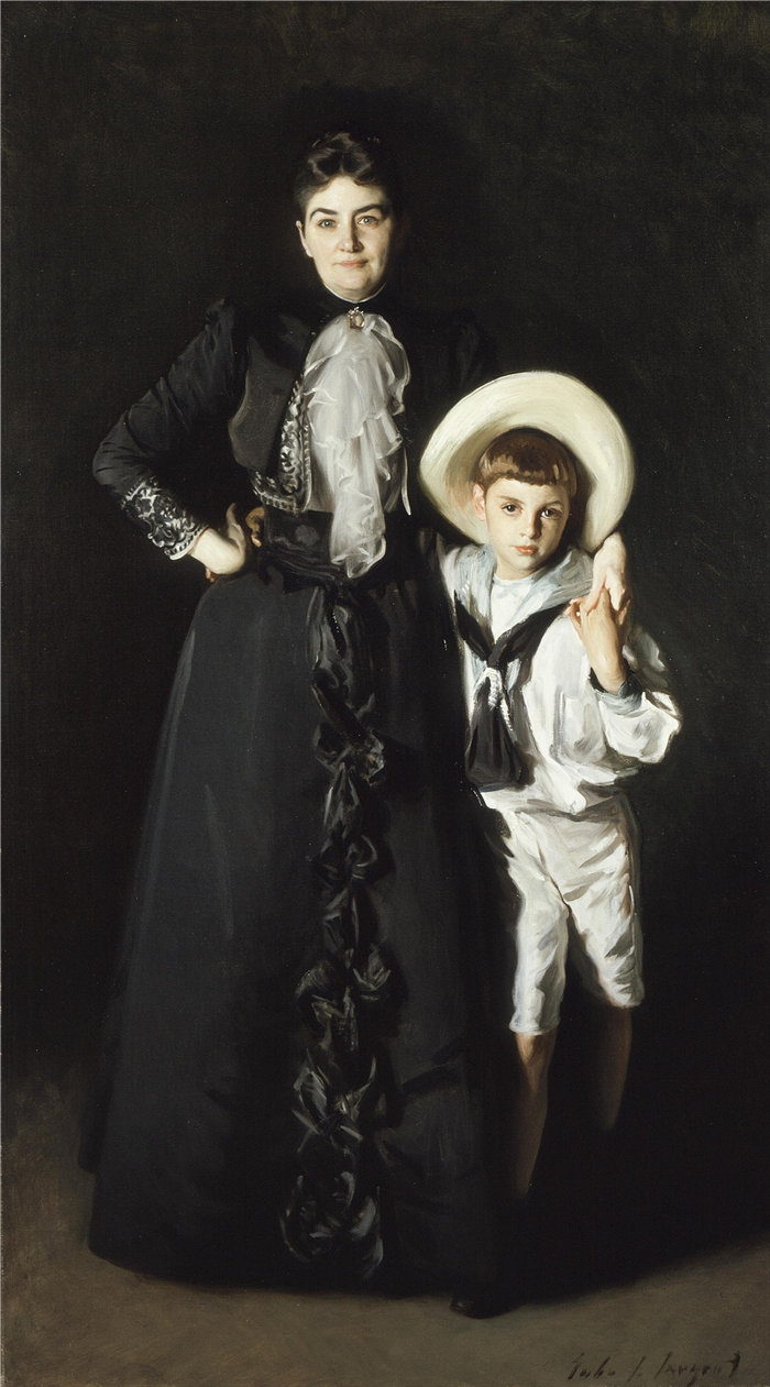 约翰·辛格·萨金特 (John Singer Sargent，美国画家)作品-爱德华·L·戴维斯夫人和她的儿子的肖像，利文斯顿·戴维斯（1890 年）