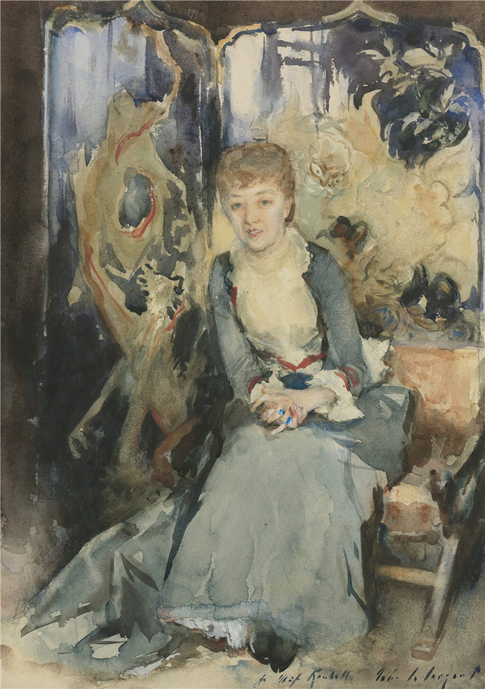 约翰·辛格·萨金特 (John Singer Sargent，美国画家)作品-坐在屏幕前的鲁贝尔夫人（约 1884 年）