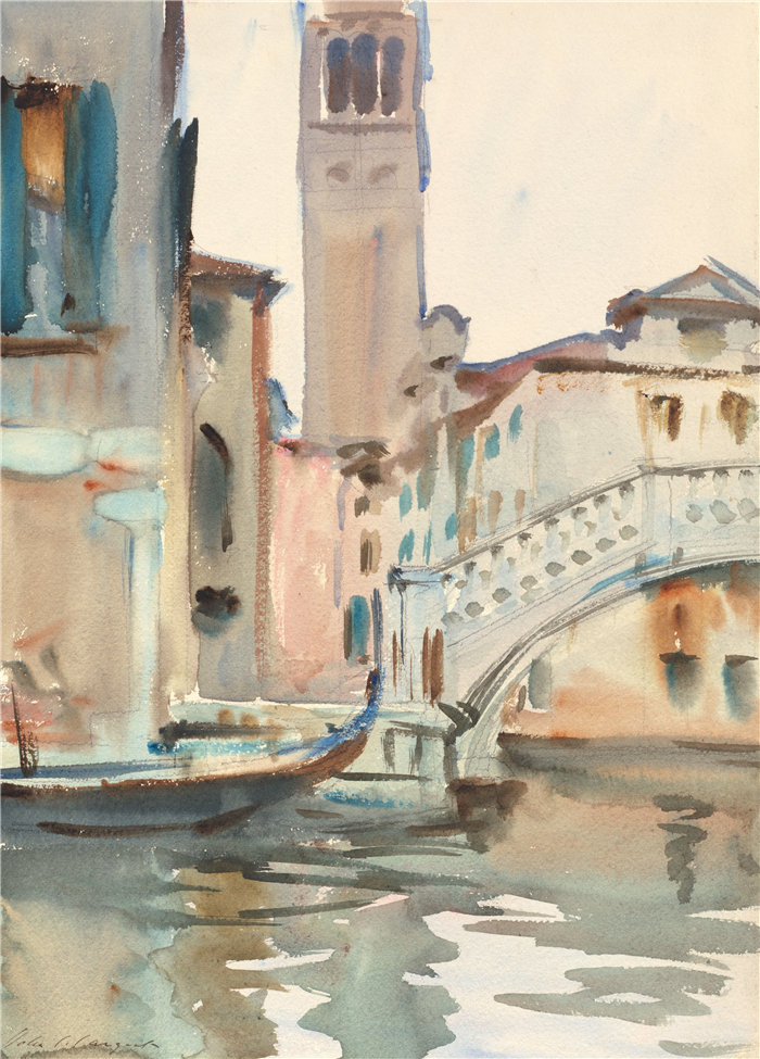 约翰·辛格·萨金特 (John Singer Sargent，美国画家)作品-一座桥和钟楼，威尼斯（1902-1904）