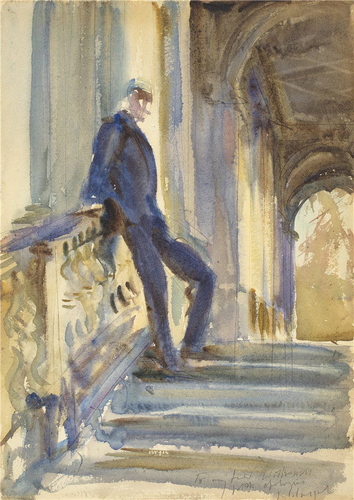 约翰·辛格·萨金特 (John Singer Sargent,美国画家)作品-内维尔·威尔金森爵士在威尔顿之家帕拉第奥桥的台阶上(1904-1905)