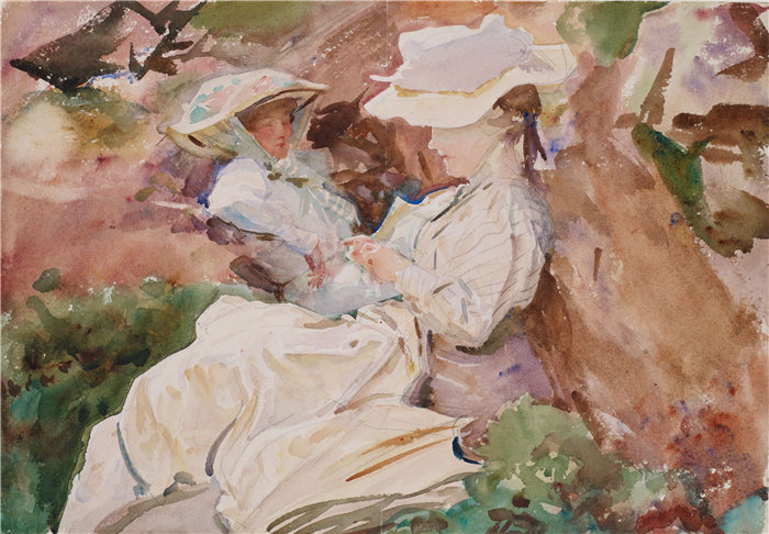 约翰·辛格·萨金特 (John Singer Sargent，美国画家)作品-辛普朗 – 巴纳德夫人和她的女儿多萝西 (1905-1915)