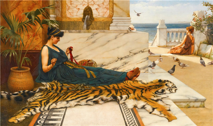 约翰·威廉·戈德沃德（John William Godward，英国画家）- 虎皮（缝纫女郎）（1889）