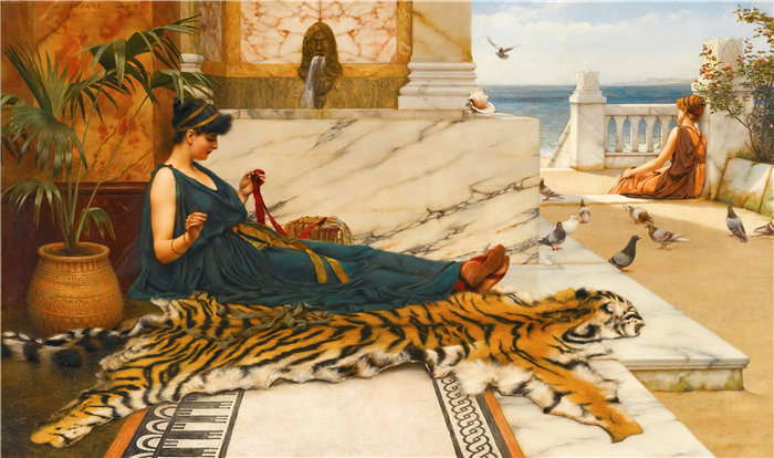 约翰·威廉·戈德沃德(John William Godward,英国画家)- 虎皮(缝纫女郎)(1889)