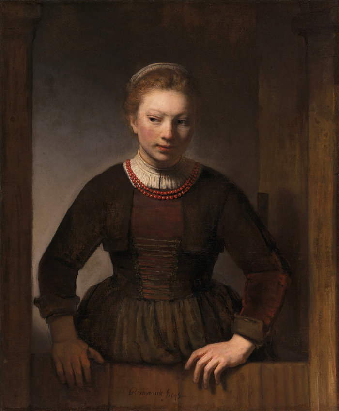 伦勃朗·范·瑞恩 (Rembrandt van Rijn,荷兰 ) 作品 - 半开门的年轻女子(1645)