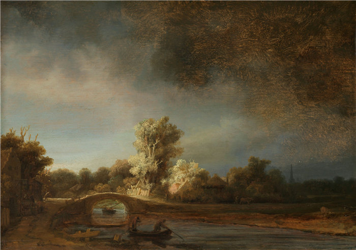 伦勃朗·范·瑞恩  (Rembrandt van Rijn，荷兰 ) 作品 - 有石桥的风景（约 1638 年）